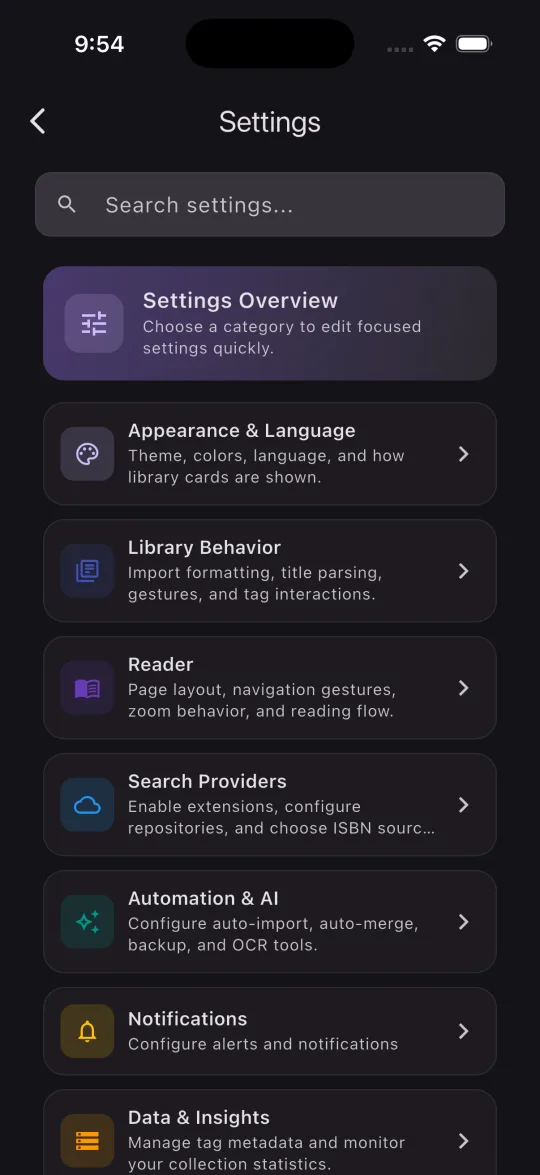 Settings — Granular settings & sources
